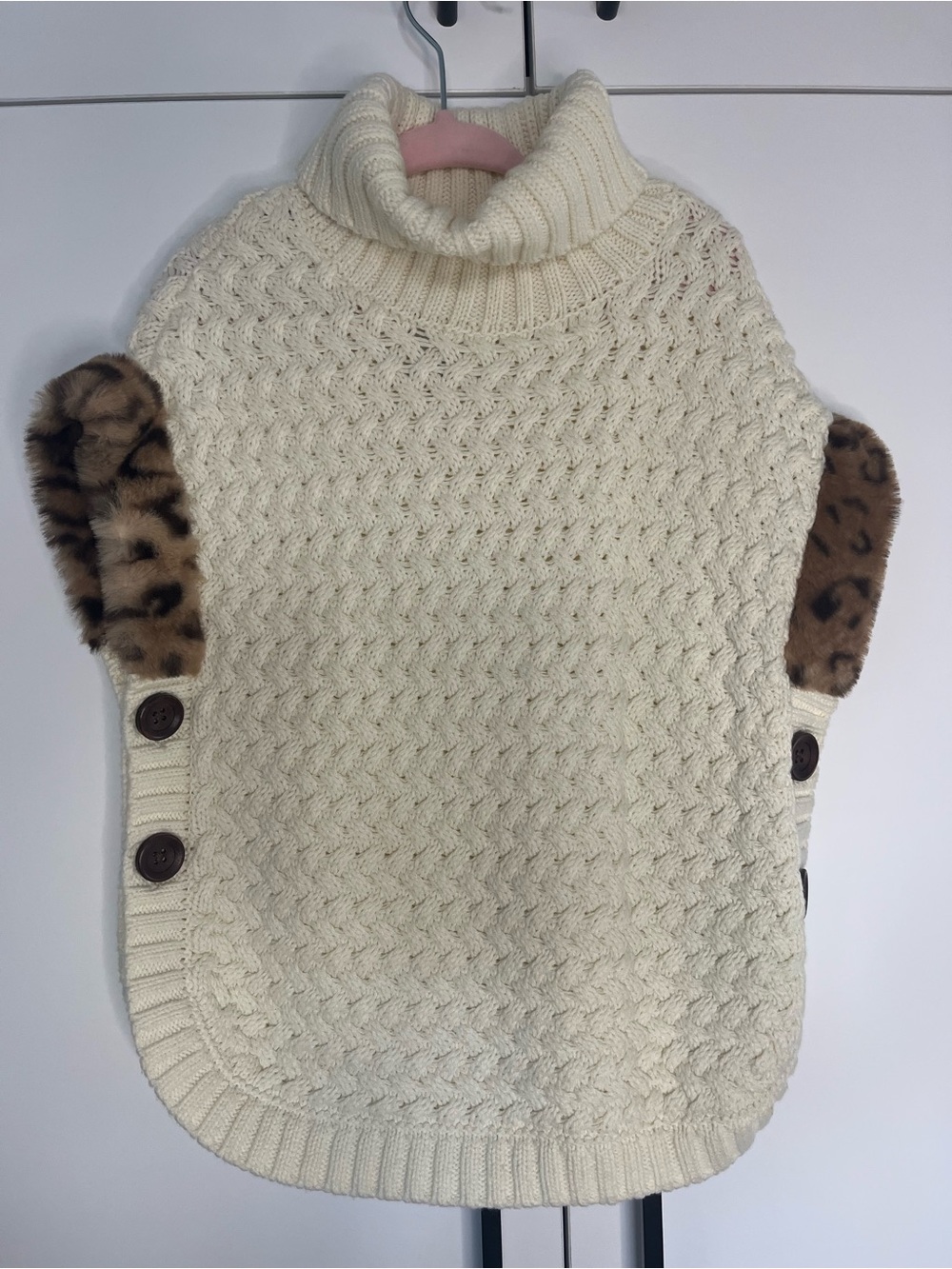 Cream Turtleneck Cable Knit Sweater with Leopard Fur Accents